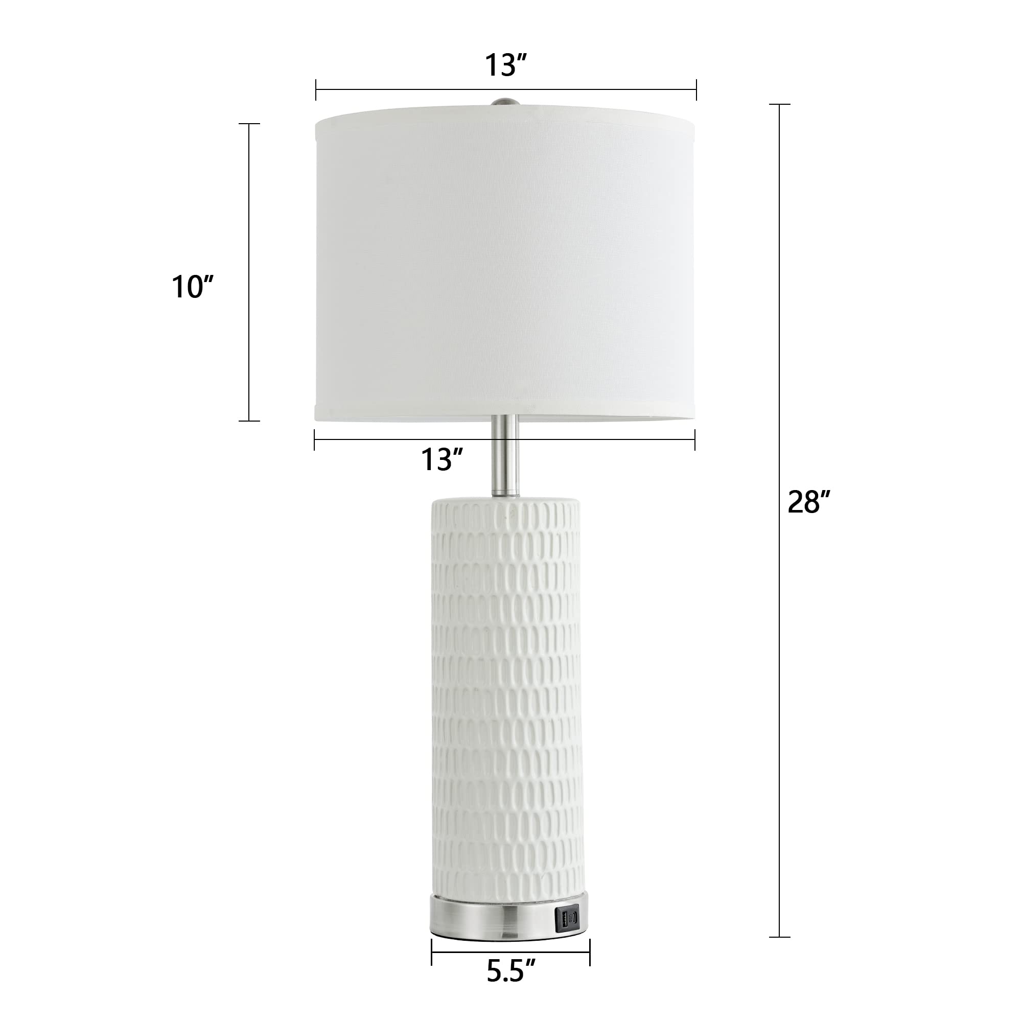 Reaketon 28" Ceramic Table Lamp Set of 2 - 3 Way Dimmable Touch Control with USB Ports, Modern White Nightstand Lamps, Model 22102-1T