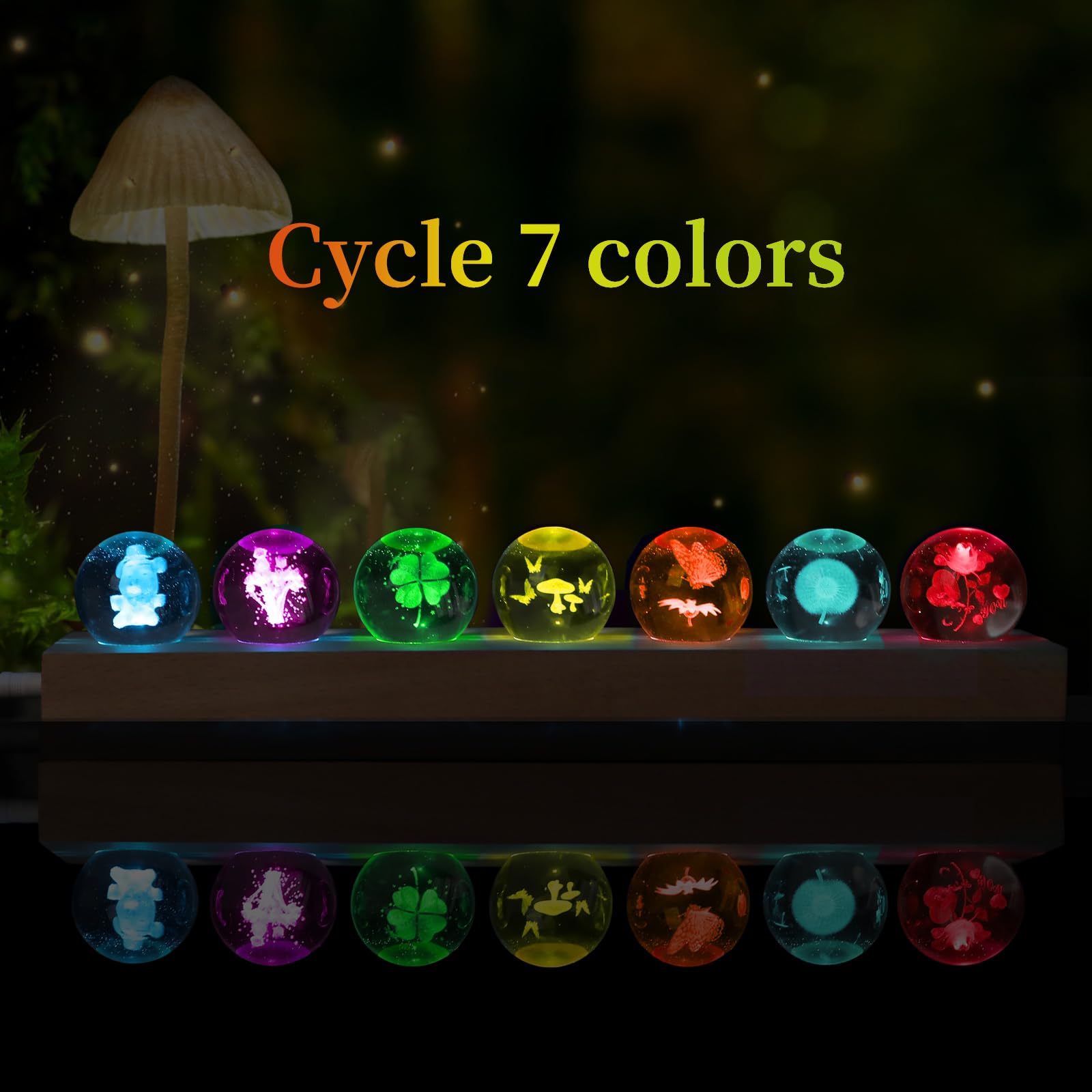 Dokscdlo 7 Pcs Flower Plant Crystal Ball Night Light Healing Spheres With Led Wooden Base, 3D Rose Chrysanthemum Mushroom Crysta