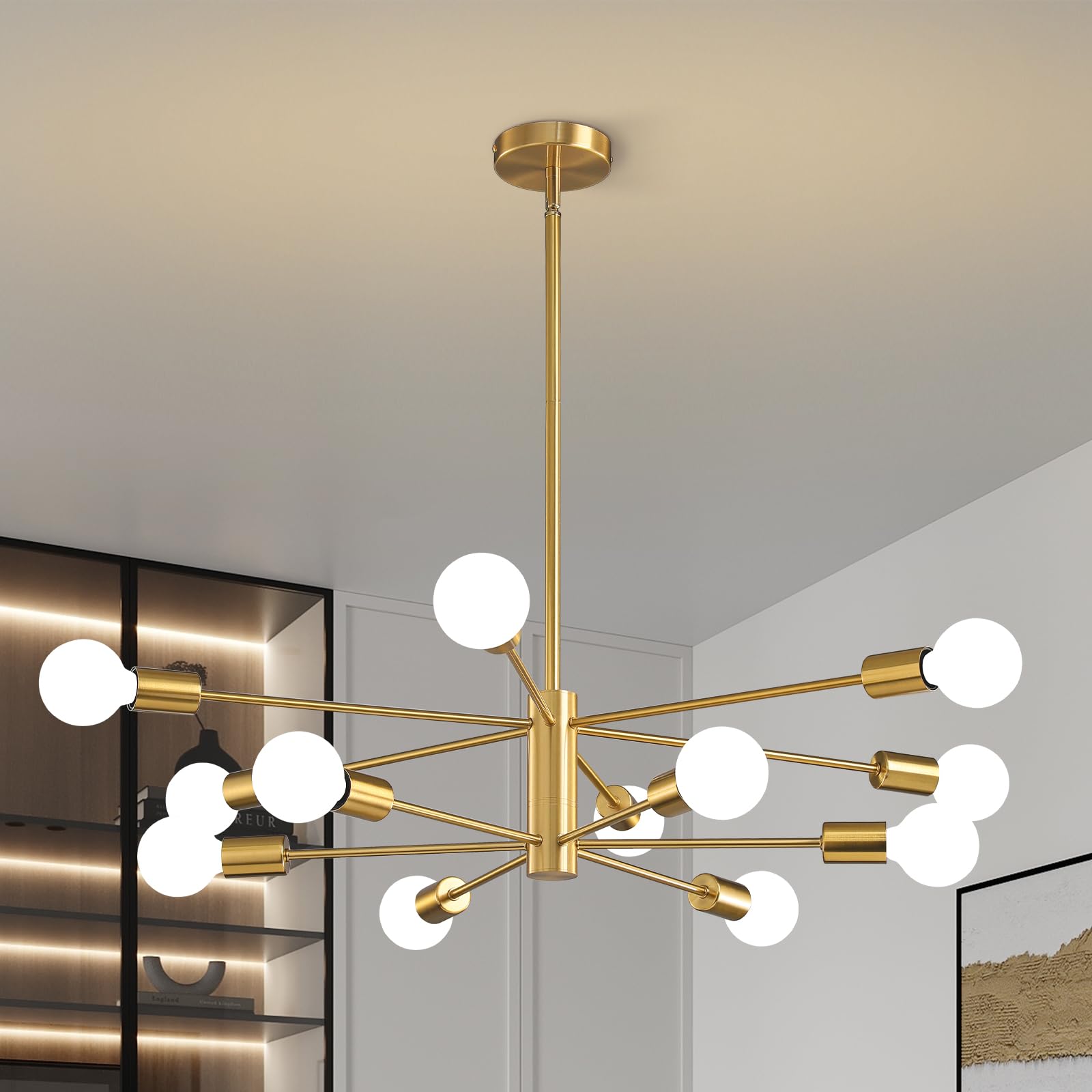 KAISITE Modern Sputnik Chandelier Ceiling Light Fixture 12-Light Gold Chandelier for Dining Room Over Table Height Adjustable Mi