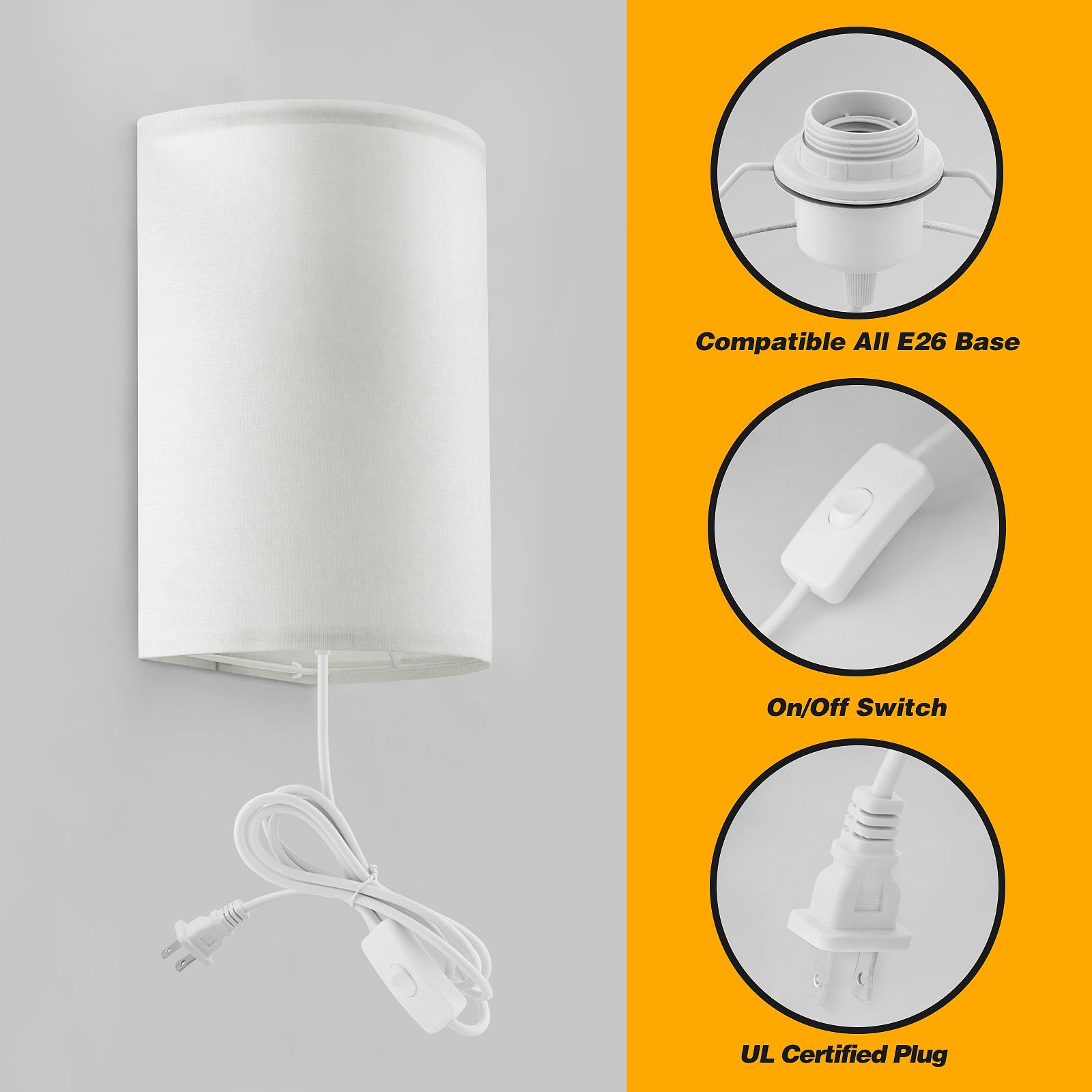 Beser·Win Wall Lamp, Industrial Plug-in Sconce, Fabric, On/Off Switch, Set of Two, White, Model: wall lamp-005