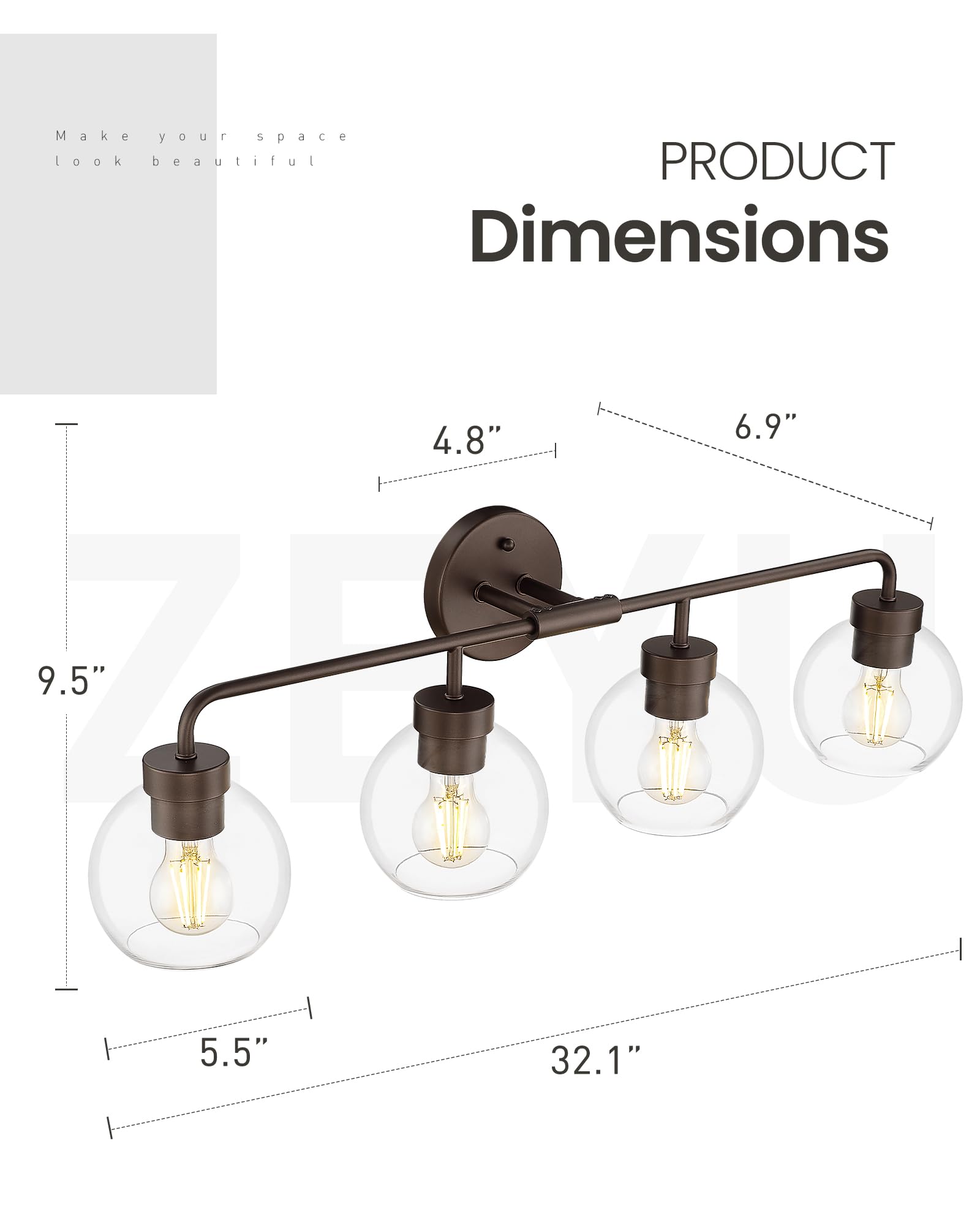 Zeyu 32 Inch Oil Rubbed Bronze Vanity Light  4-Light Bathroom Light Fixture  Vanity Lighting Fixtures With Clear Glass Globe Shade  Zs62Bg-4W Orb
