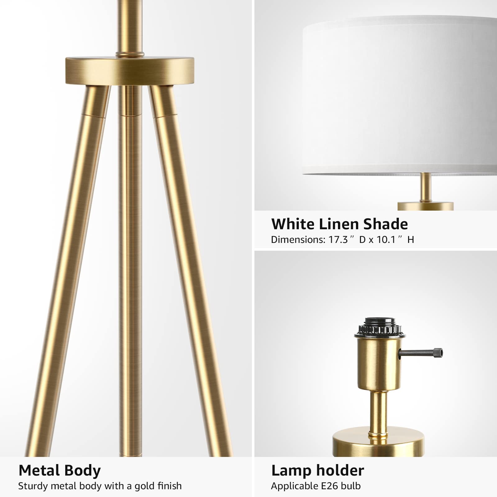 ALLDIO Modern Brass Tripod Floor Lamp with Drum Shade, 9W LED Bulb Included, White Color for Living Room
