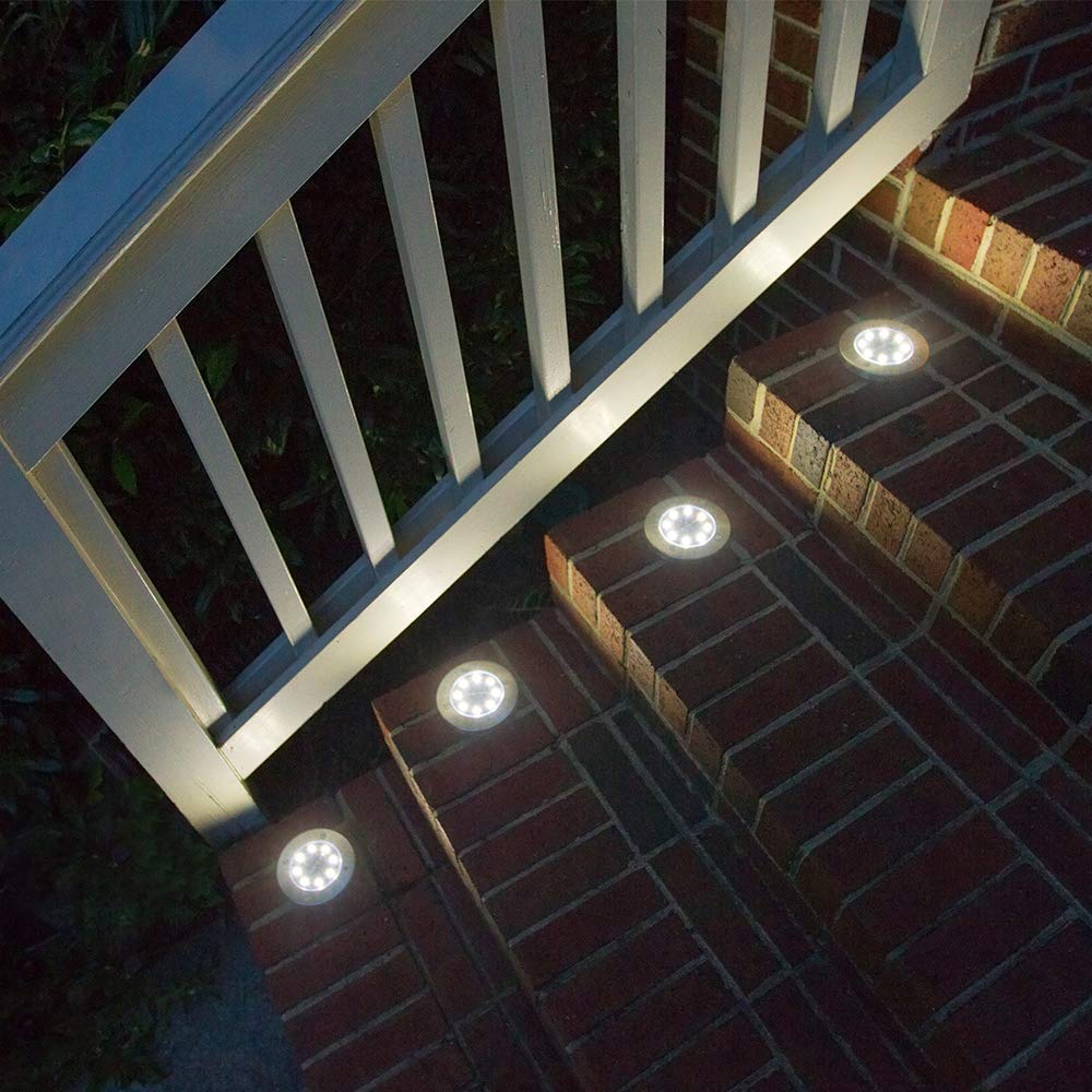 Aogist Outdoor Solar Ground Lights, 8 LED Waterproof Garden Disk Lights, Stainless Steel, 8 Pack, White