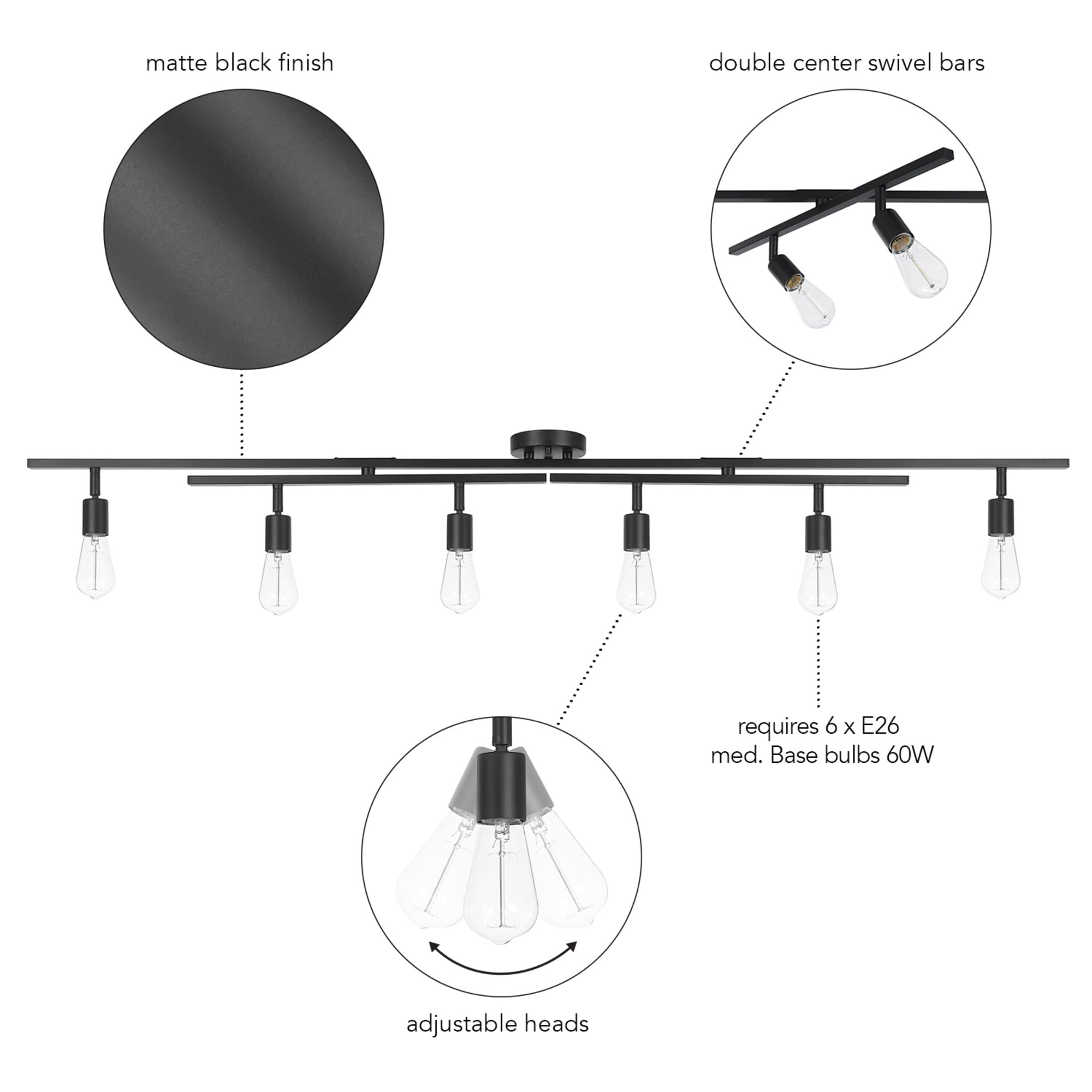 Globe Electric 64000125 64'' 6-Light Double Center Swivel Track Lighting, Matte Black, Pivoting Track Heads, Center Canopy