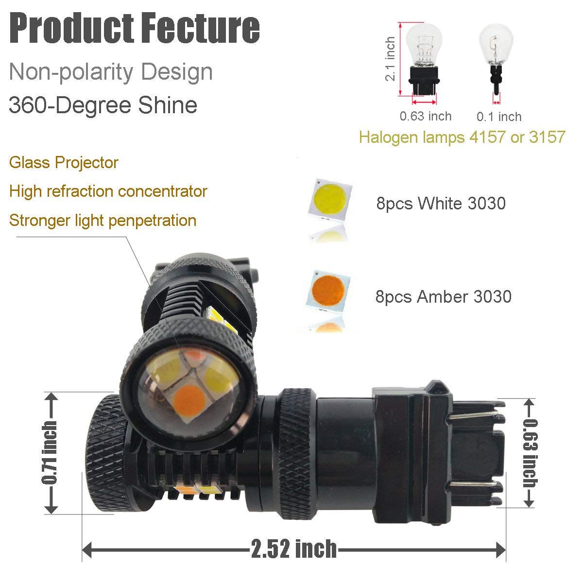iBrightstar 3157 Switchback LED Bulbs, Extremely Bright 3030 Chipsets, White/Amber, Aluminum, Replacement for DRL and Turn Signal Lights