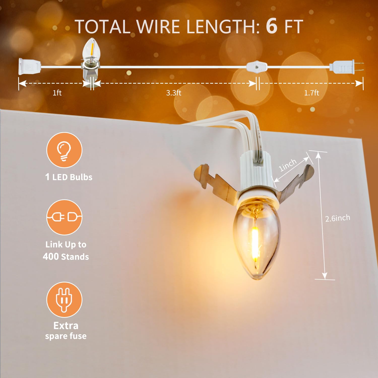Myemitting 2-Pack Accessory Cord With 2 C7 Led Night Light Bulb, Candelabra-Base E12 Socket White Cord With On/Off Switch Plugs,