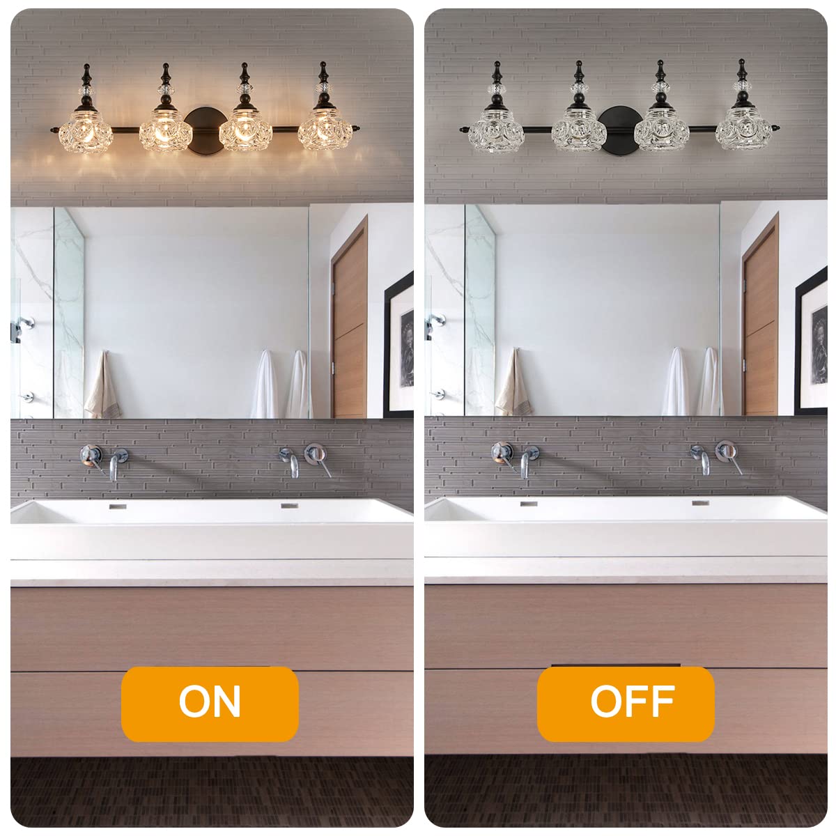 Zilanl 4-Light Vanity Light Fixture - Black Vintage Bathroom Lighting With Crystal Glass Shade