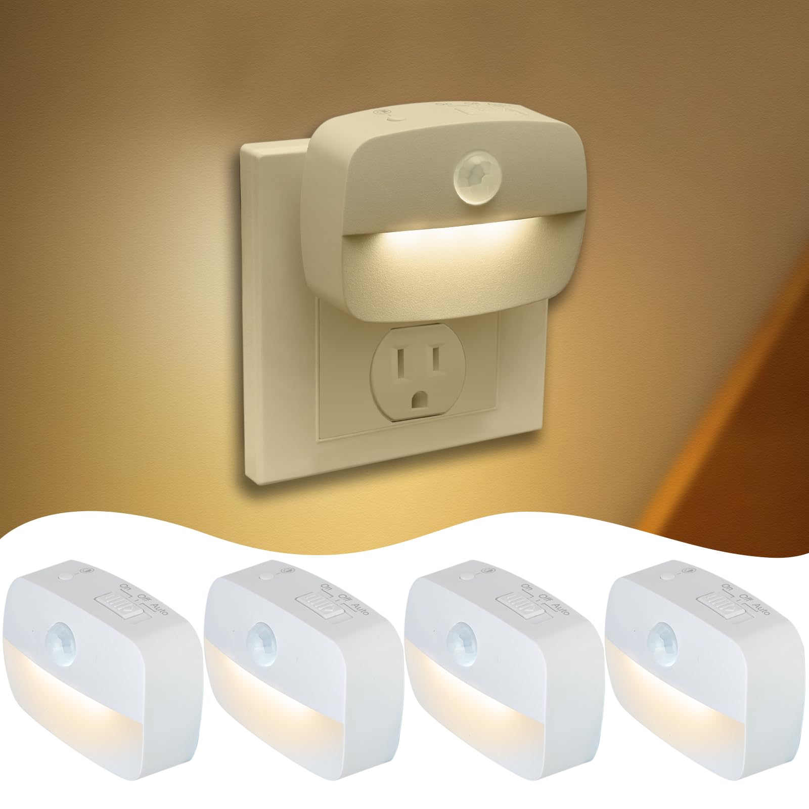 Sossi Motion Sensor Night Light Plug in 4 Pack,10-60Lm Stepless Dimming,3 Light Modes with Memory, Smart Night Lights Plug Into 