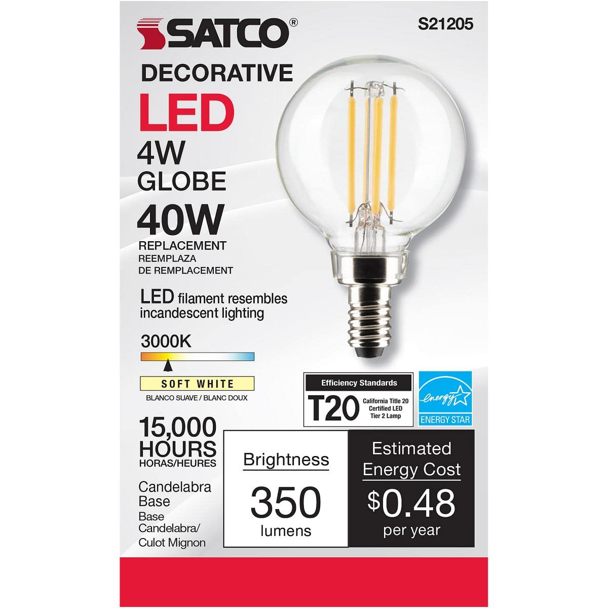 Satco 4-Watt Led E12 Light Bulb, 3000K, 15000 Hour Rating, Dimmable