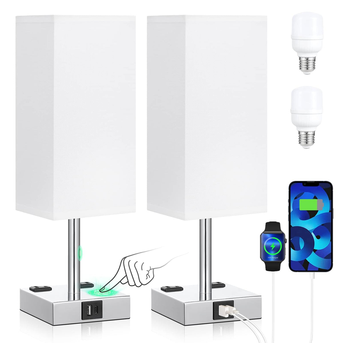 Aooshine Set Of 2 Touch Nightstand Lamp With Usb-C+A Charge Ports& Ac Outlets, 3-Way Dimmable Bedside Lamp With White Fabric Sha