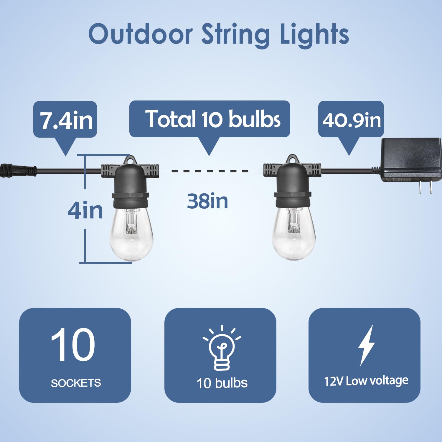 GANA 12V LED Outdoor String Lights, 32FT with 10 Shatterproof Bulbs, 2200K Warm White for Pergola, Garden, Fence, Porch, Balcony