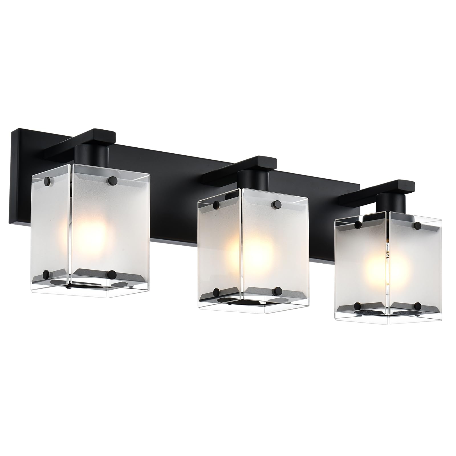 WINSHEN 3-Lights Bathroom Light Fixture, Modern Black Wall Sconce with Frosted Glass Shade, E26 Bulb Base, Model 3WBL-XOTFZO