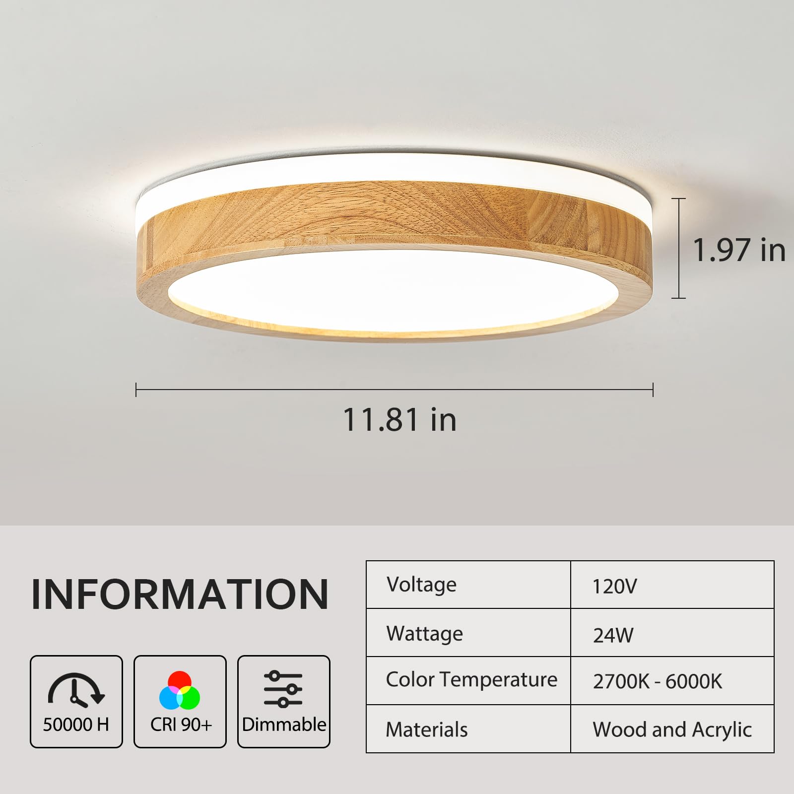 Pevfah Modern Dimmable Wood Flush Mount Ceiling Light  2700K-6000K 5Cct Round Close To Ceiling Lighting Fixtures  Minimalist Led Ceiling Lamp For Bedroom  Kitchen  Hallway  Laundry Room-11.81In