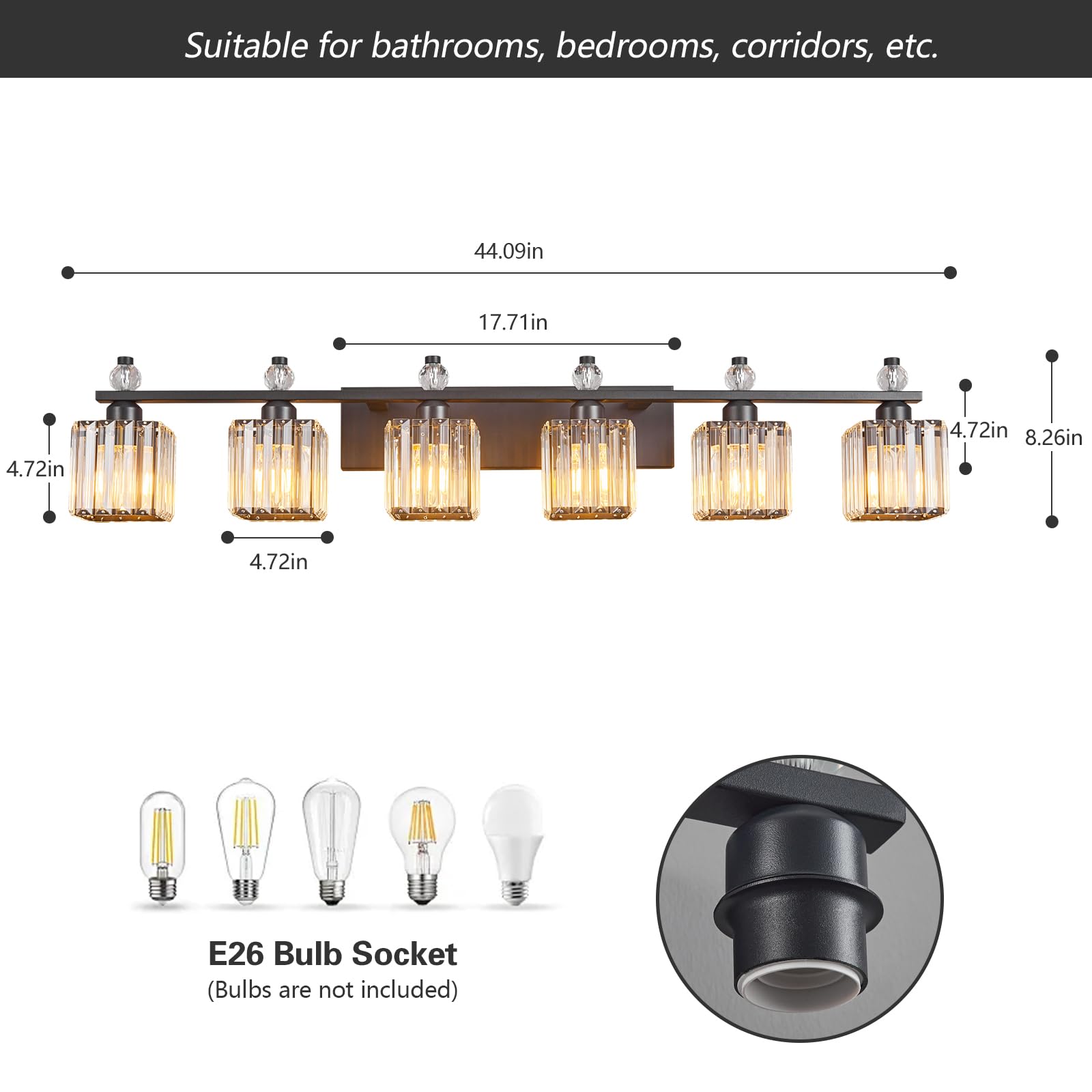 FDPBY 6-Light Crystal Vanity Light Fixture Sand Black Model 290 for Bathroom Over Mirror