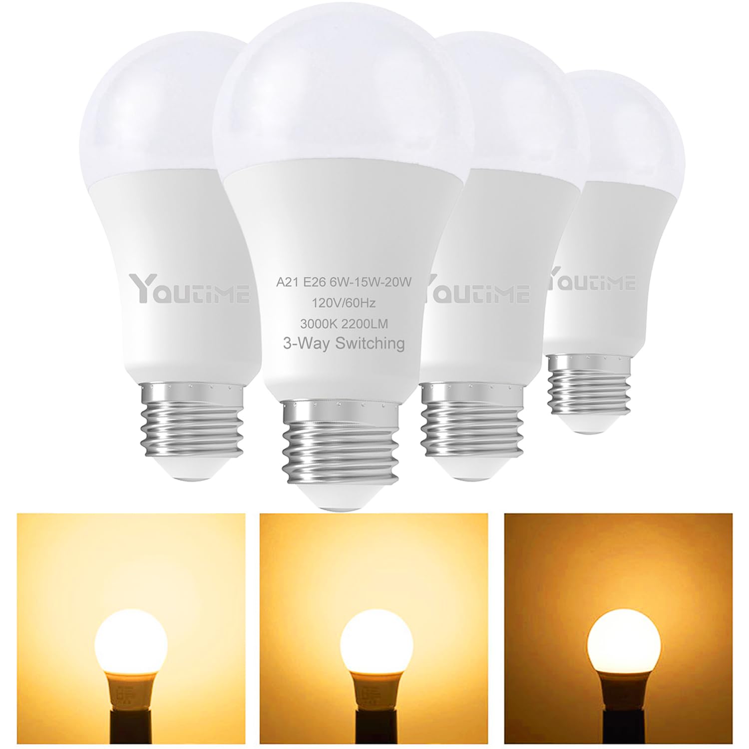 Youtime 3 Way Light Bulbs 50 100 150 Watt Equivalent 3000K Soft White A21 6/15/20W Energy Saving Led Light Bulb,Three Way Light