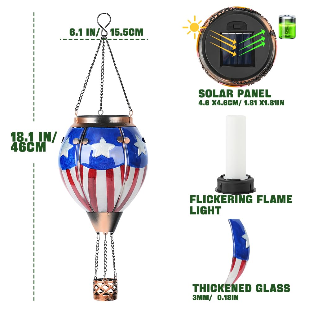 Hot Air Balloon Solar Lantern - U.S Flag Patriotic Glass Lantern  Simulated Flickering & Dancing Flame  Outdoor Hanging Yard Light Waterproof Ip65  Ideal 4Th Of July Gift For Patriot Patio Decor