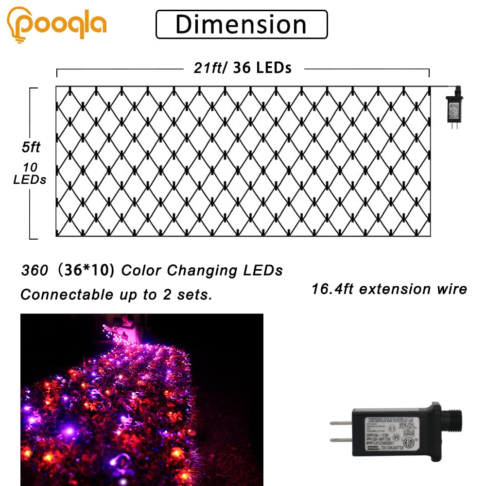 Pooqla 360 Led Halloween Net Lights Outdoor, 21 Ft X 5 Ft Connectable Mesh String Lights 8 Modes Waterproof Plug In For Hallowee
