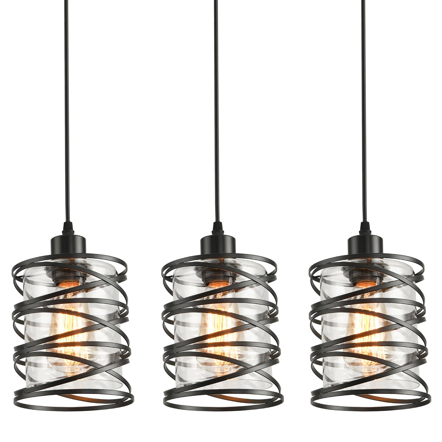IHENGYANLT 3 Pack Pendant Light Kitchen Island Pendant Lighting, Glass Hanging Light with Spiral Cage Clear Glass Shade, Black M