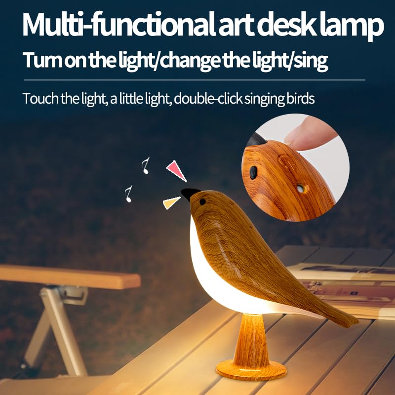 THOEWONG Small Bird Desk Lamp, Rechargeable, 3 Color Temperatures, Remote Control, Battery Operated, Wood Color, Model bird01