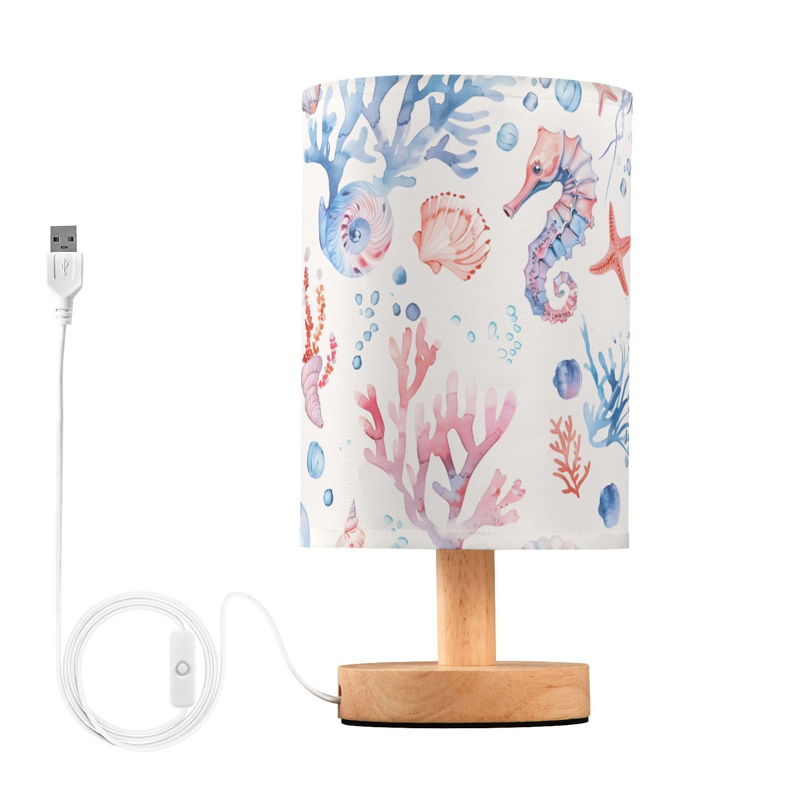 ALAZA Jellyfish Seahorse Coral Seashells Lamp for Girls Boys Bedroom Bedside Table Lamp with USB Port LED Kids Nightstand Lamp W