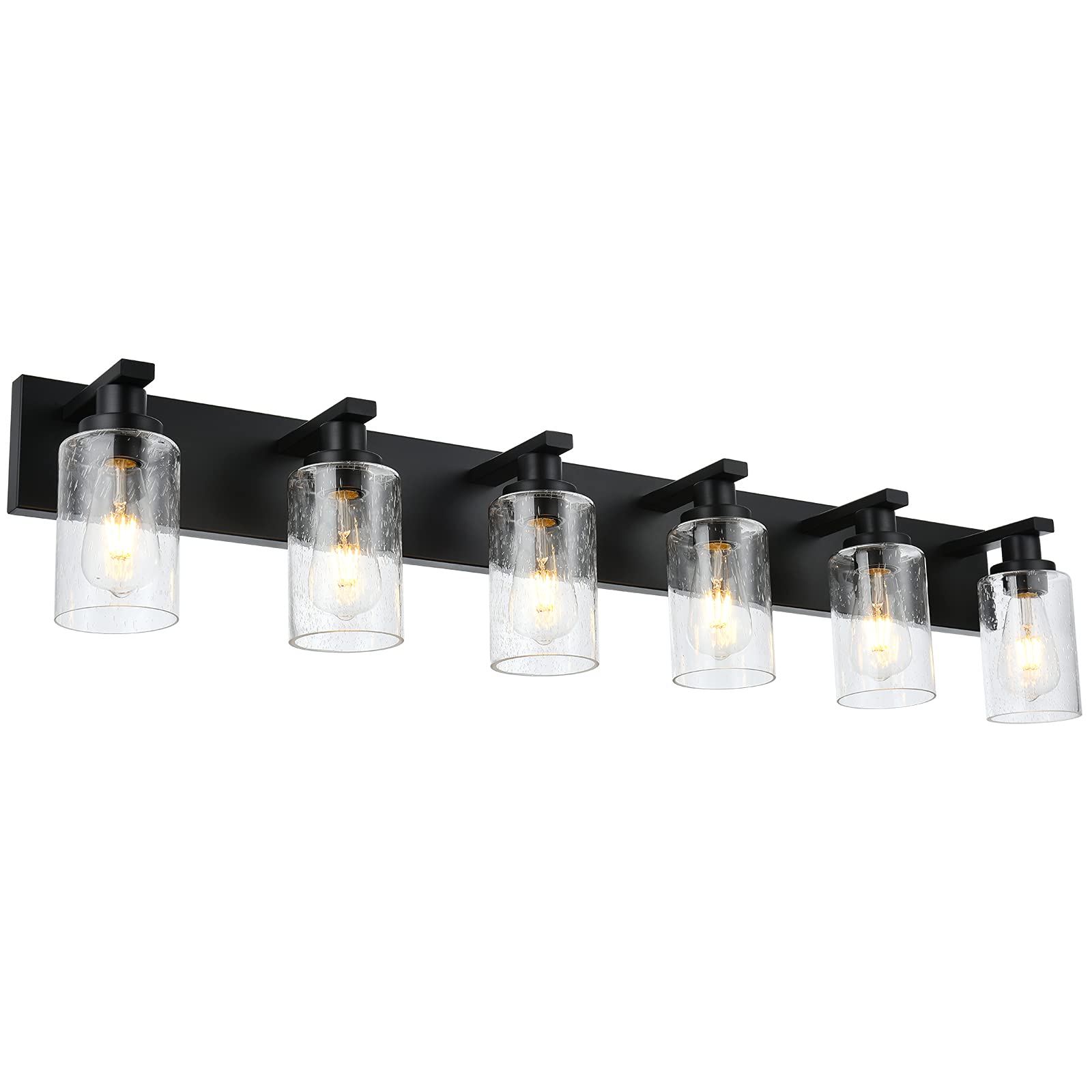 Winshen Modern Bathroom Vanity Light 6-Light Lamp In Black, Farmhouse Wall Light Fixture With Seeded Glass Shades Indoor Wall La