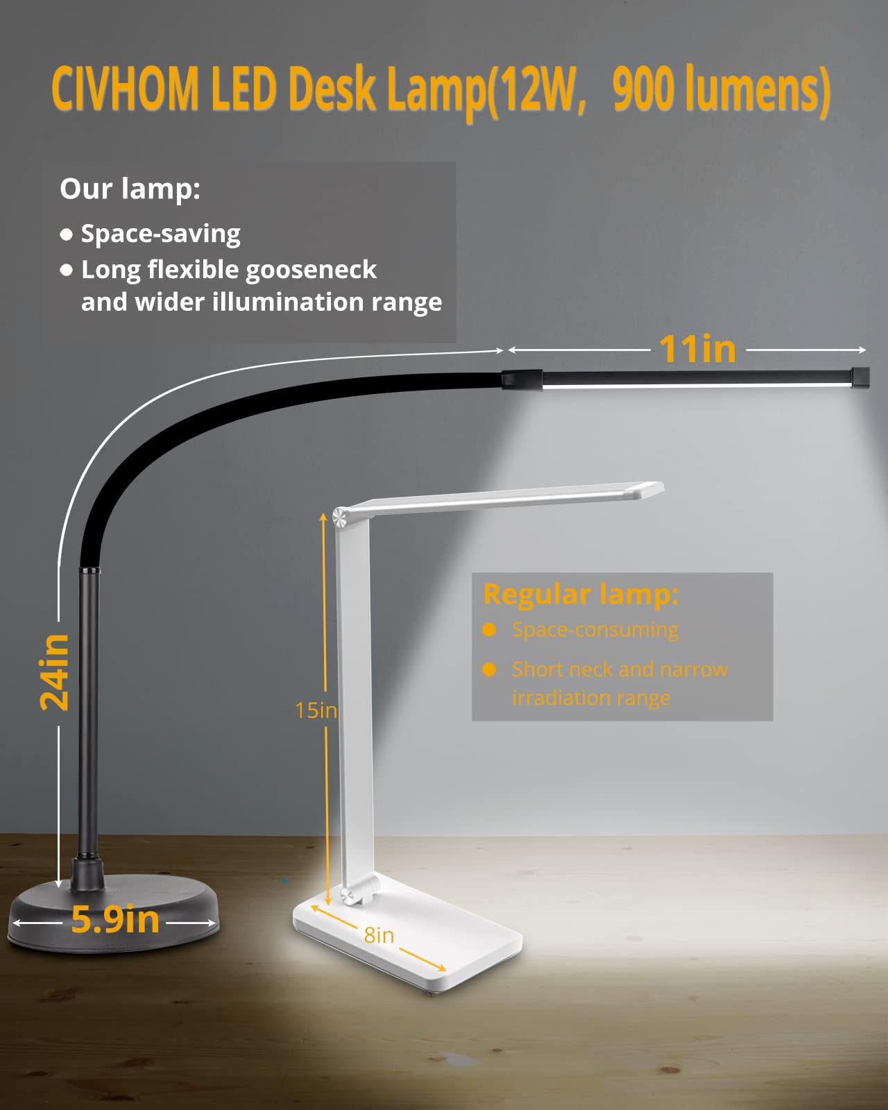Civhom Led Desk Lamp, Swing Arm Architect Task Lamp With Long Flexible Gooseneck, 3 Color Modes, And Usb Adapter, Dimmable Desk
