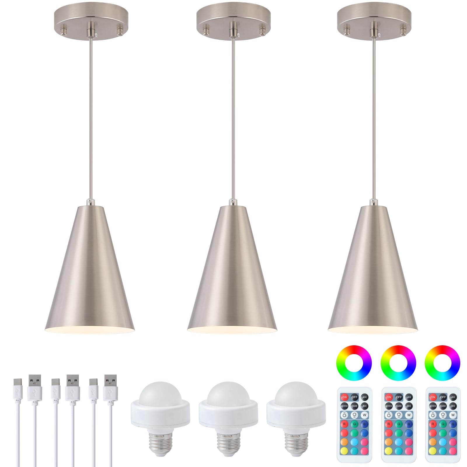 Dijiahua Pendant Lights 3 Pack, Battery Operated, Remote Control, Modern RGB Color, Metal Shade, Model P-JDH0122, Nickel Finish
