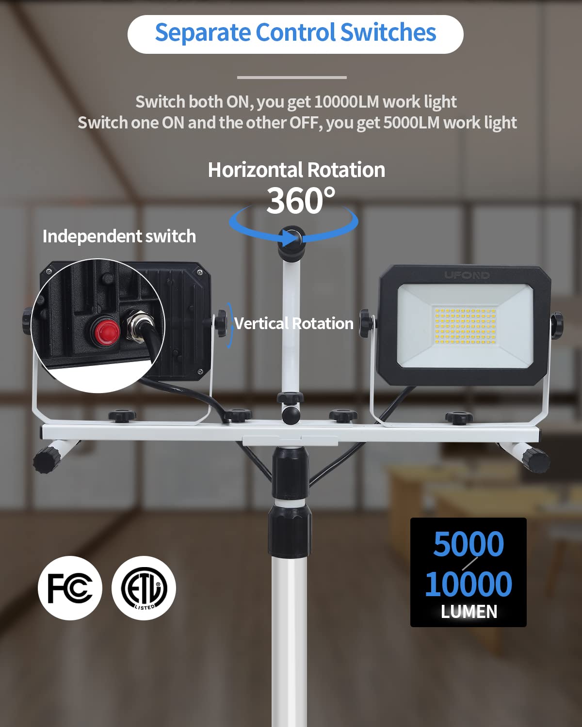 Ufond 10000 Lumen Led Work Light With Stand, Dual Head Work Light, Waterproof Lamp With Individual Switch, Adjustable Metal Telescoping Tripod With Power Cord (2 Pack)