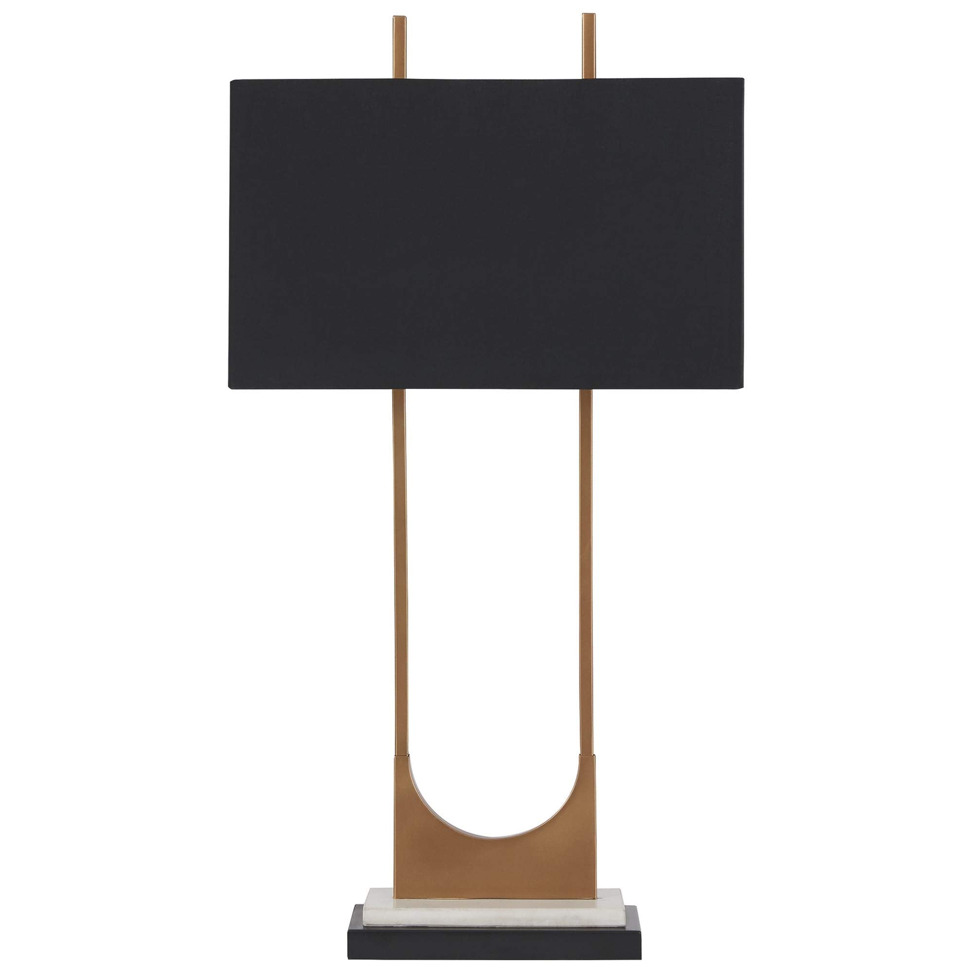 Benzara U Shaped Metal Table Lamp, Gold And Black With Marble Base, Model Bm226575