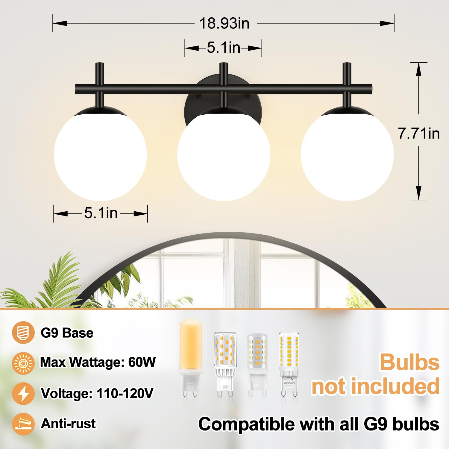 3-Light Bathroom Light Fixtures  Matte Black Vanity Lights For Bathroom With Milky White Glass Ball Shade  18.9 Inch Bathroom Lighting Fixtures Over Mirror  Wall Sconce For Bedroom (Bulb Not Included)