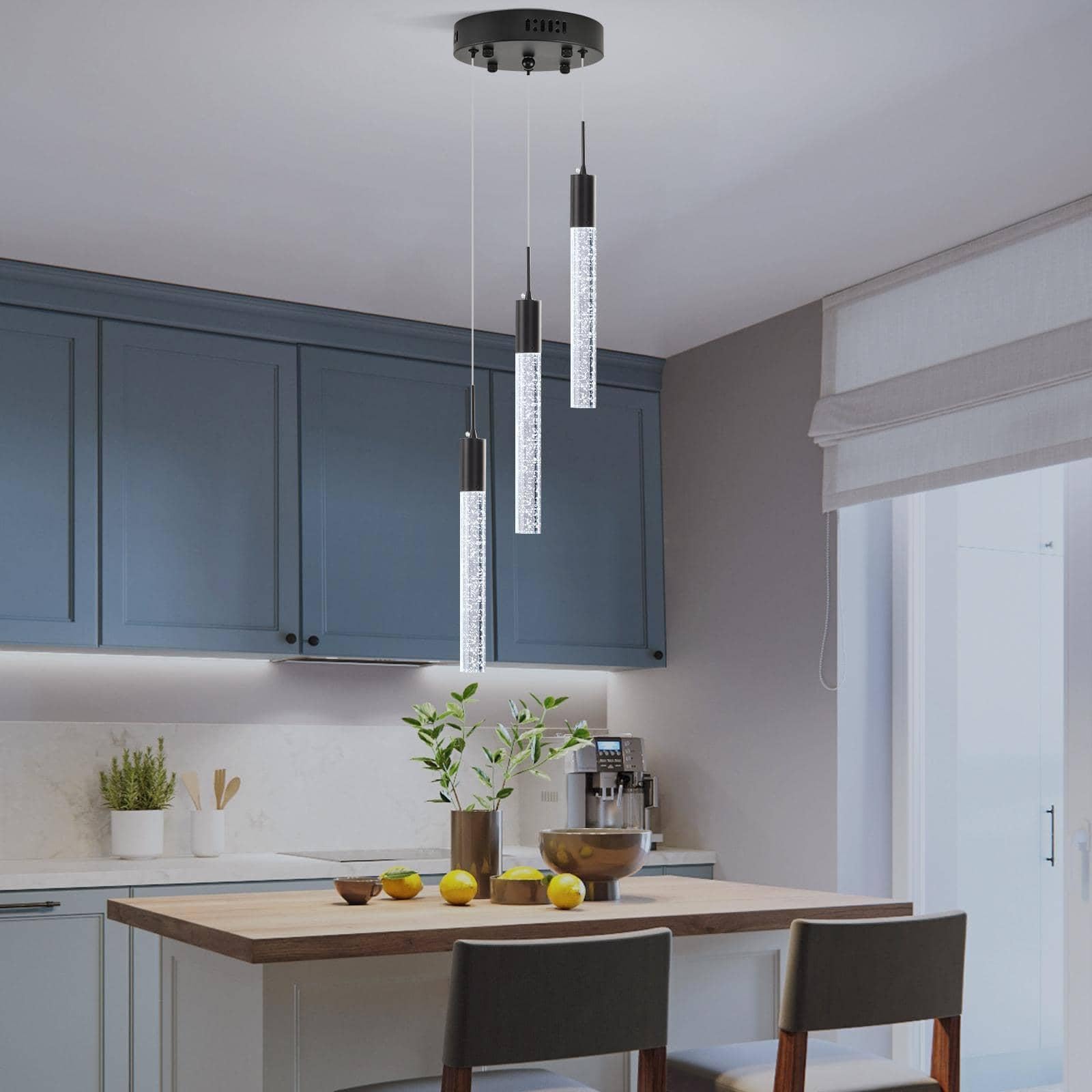 Upfelw Modern Crystal Chandelier 3-Lights  Spiral Led Raindrop Kitchen Island Pendant Lighting  Bubble Foyer Dinimg Room Hanging Light Fixture Remote Control Black