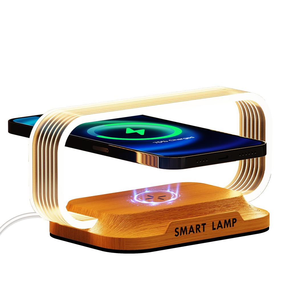 Donewin Small Nightstand Lamp With Wireless Charger, Cute Bedside Lamp With Clock, Stepless Dimmable, 3 Color Modes