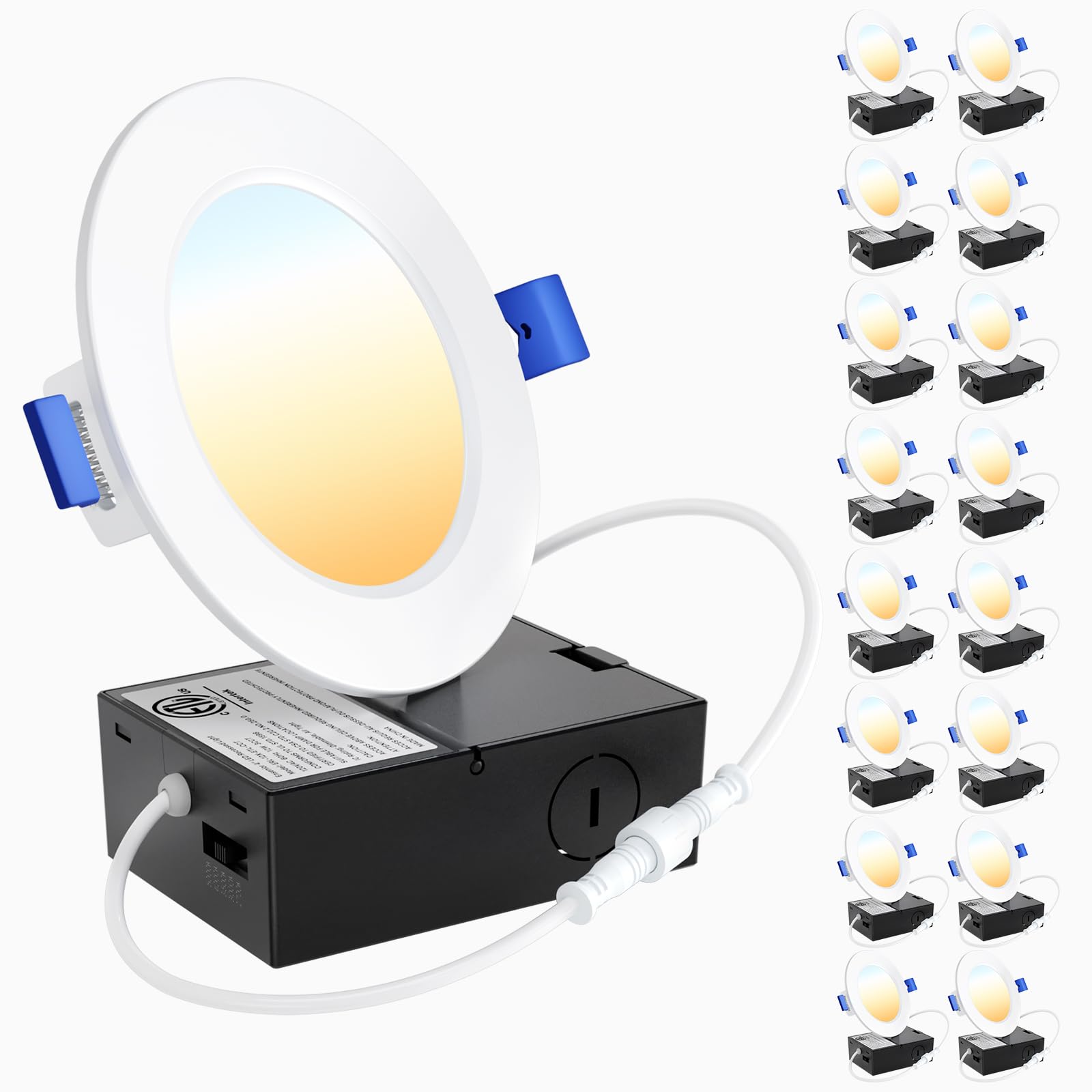 Ensenior 16 Pack 4 Inch Ultra-Thin Led Recessed Wafer Light With Junction Box, 2700K/3000K/3500K/4000K/5000K - 5Cct Selectable, 7.9W Eqv 65W, Dimmable Downlight, 650Lm High Brightness - Fcc&Etl