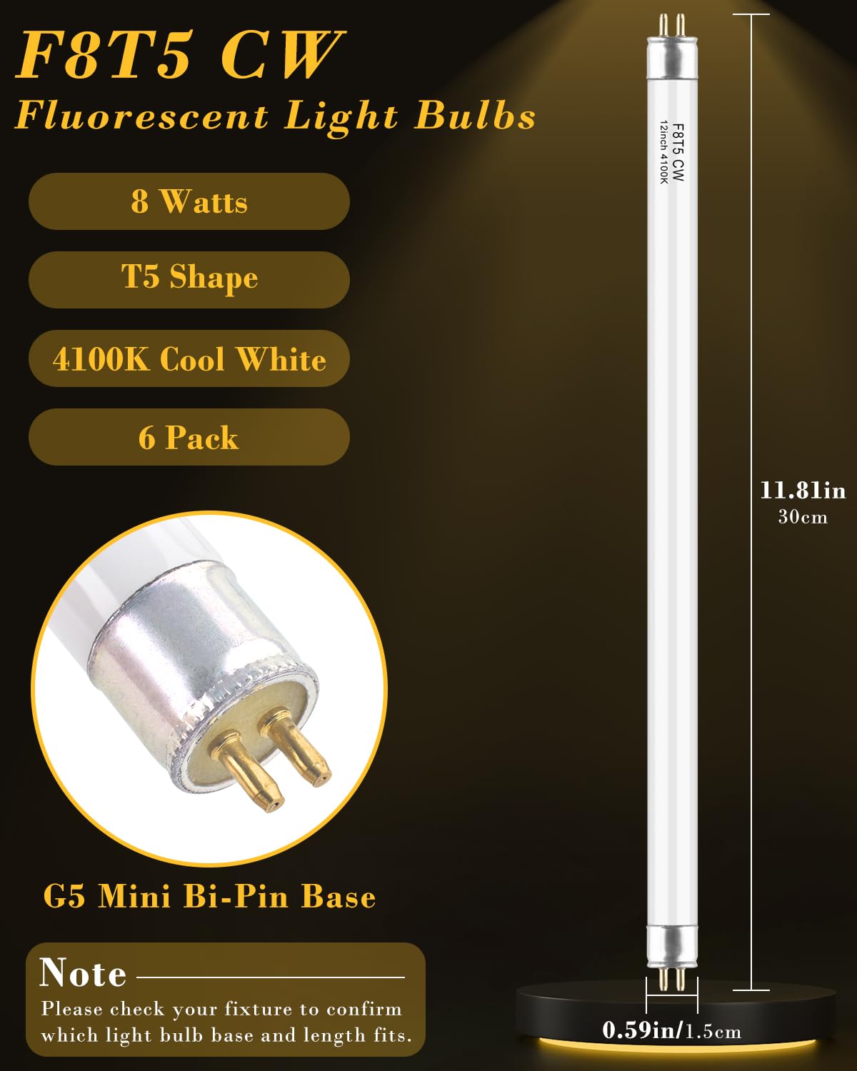 PACETAP T5 Fluorescent Bulbs 6 Pack, 12 inch 8W Cool White, G5 Mini Bi Pins Base, Plastic, Model PL-US-YYL0138-T
