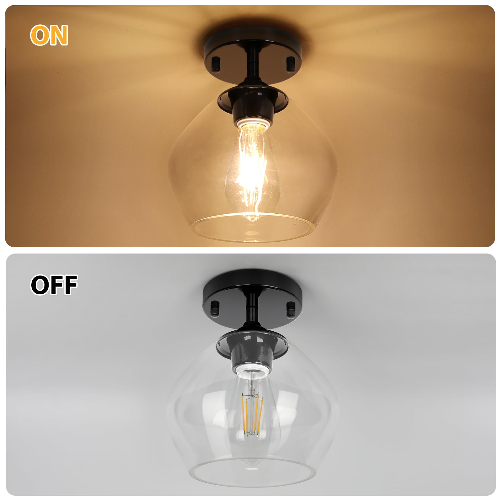 BesLowe Modern Semi Flush Mount Ceiling Light, Black Glass Shade, Model C2508-01-BK, Ideal for Hallway, Bedroom, Dining Room, Foyer