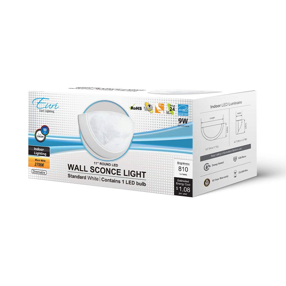 Euri Lighting Indoor Half Moon Sconce, 9W 810lm 2700K Dimmable, Aluminum, White, Model EIN-WL51WH-1020cec, One Size