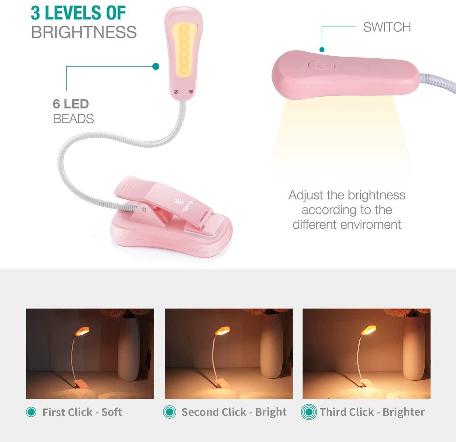Vekkia Rechargeable-Book-Light-For-Reading-In-Bed, 3000K Warm 6 Led 3 Brightness Lamp