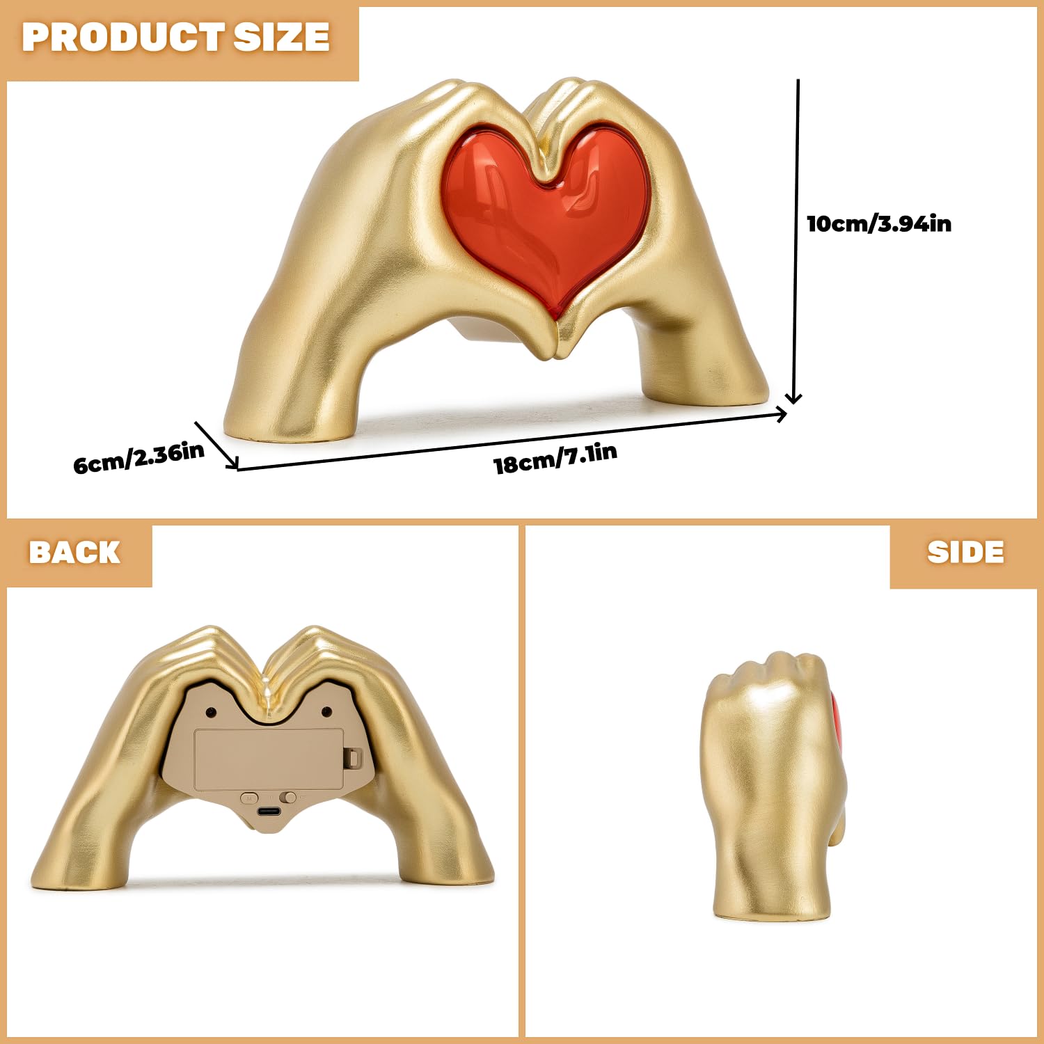 Heart Hands Sculpture Night Light  Love Heart Statue Usb&Battery Powered Desk Lamp  Gold Aesthetic Decor For Living Room  Bedroom  Shelf  Coffee Table  Thanksgiving Birthday Gift For Women Mom Girls
