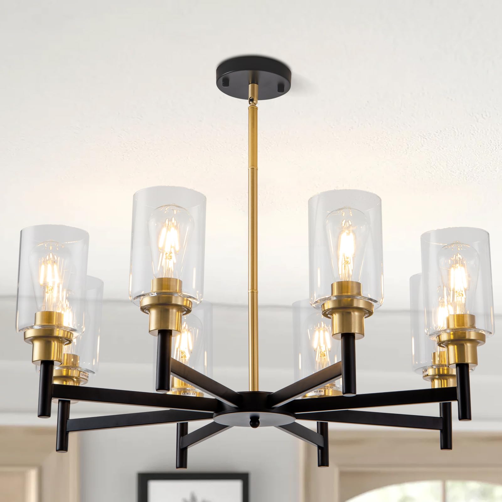 HCCZ 8 Light Gold Chandelier for Dining Room Light Fixtures Black & Brushed Brass Modern Farmhouse Chandelier Industrial Hanging