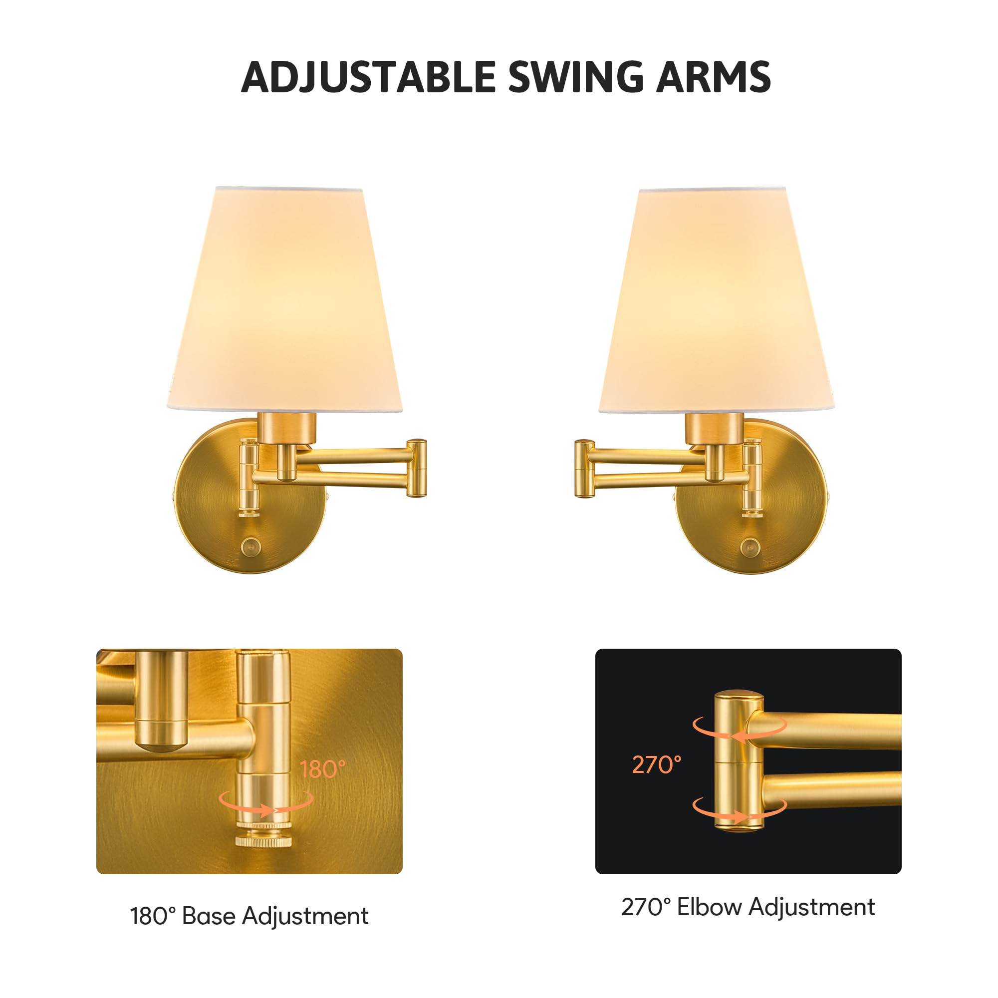 VONLUCE Swing Arm Wall Lamp - Adjustable Gold Wall Sconce with White Fabric Shade for Bedside and Hallway Lighting
