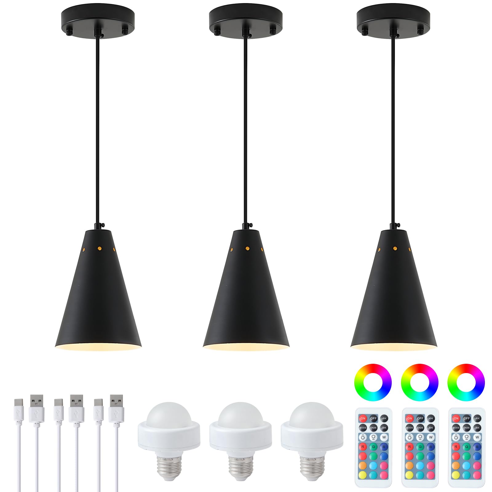 Dijiahua Black Battery Operated Pendant Light 3 Pack With Remote Control Wireless Rechargeable Mini Chandeliers With Metal Shade  Modern Dimmable 12 Grb Color Temperatures Cord Hanging Lighting