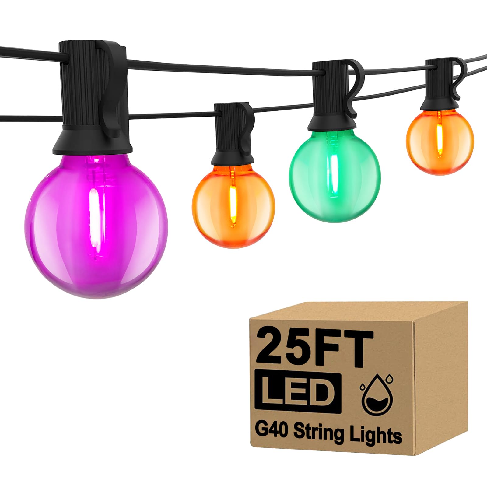 GOOTHY LED Outdoor String Lights 25Ft, 27 Shatterproof Globe Bulbs, Orange/Purple/Green Halloween Decorations