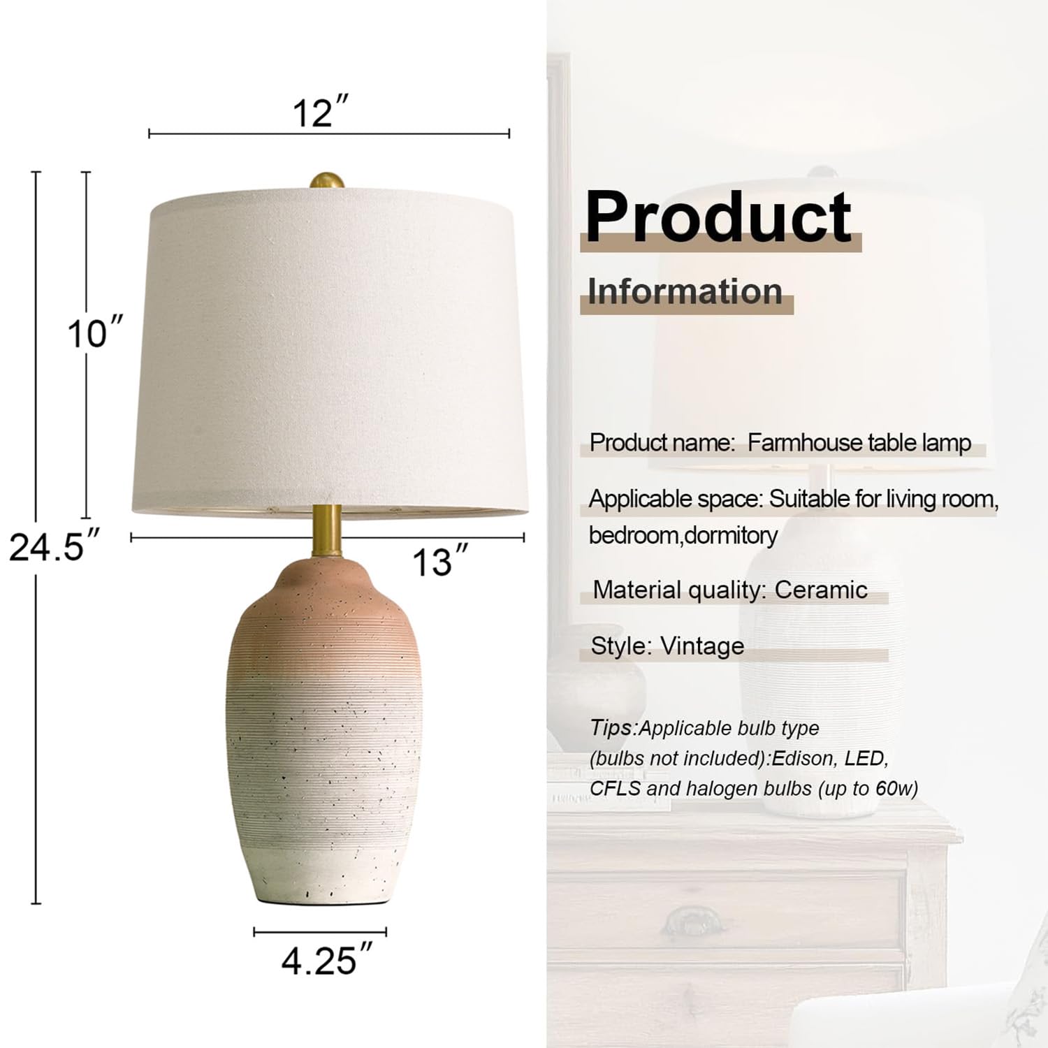 USumkky Vintage Ceramic Table Lamp - 24.5in Brown to White Gradient - Rustic Nightstand Lamp for Bedroom, Living Room, Office
