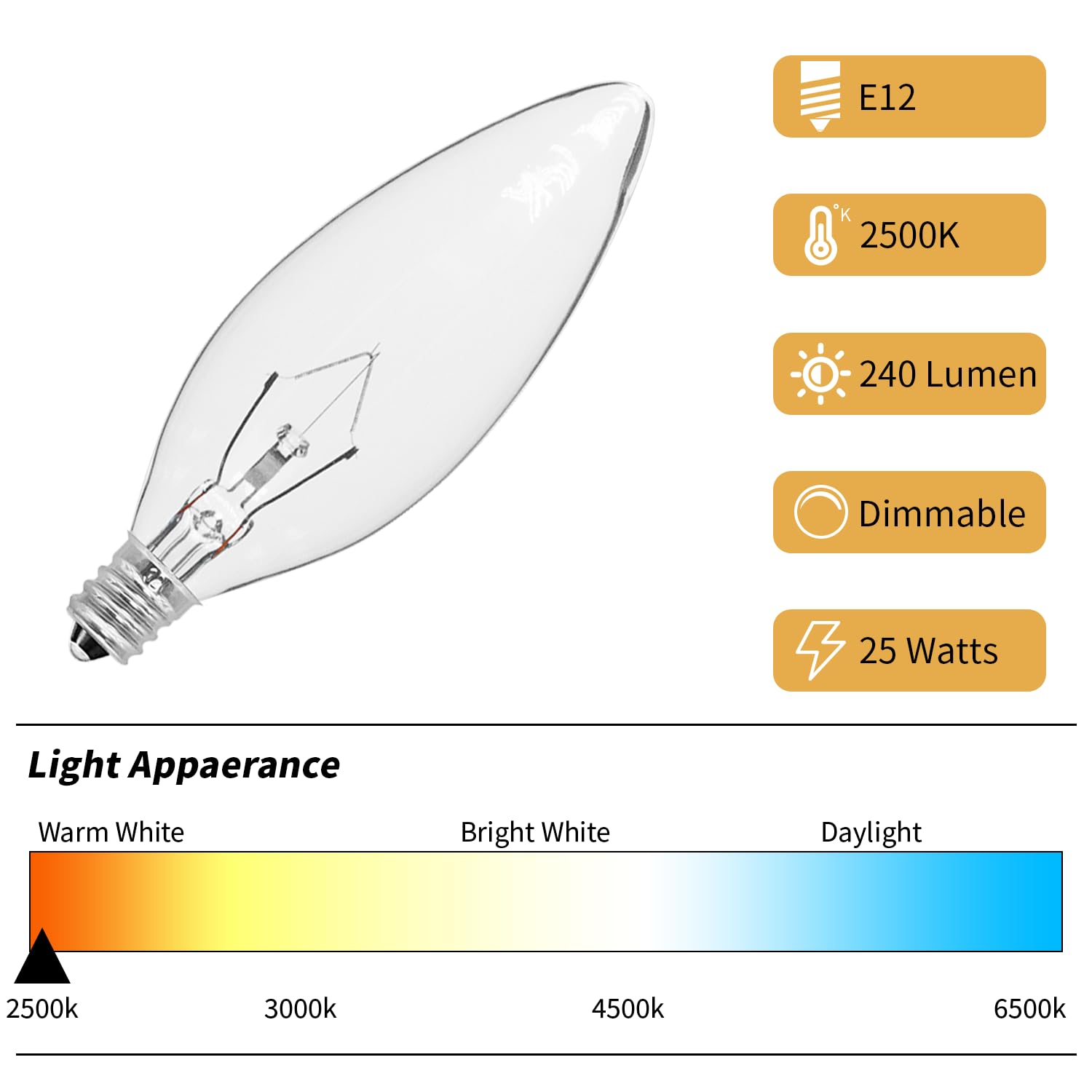 Cylyt 20-Pack E12 Candle Light Bulbs 25W Warm White 2500K, 240 Lumen Dimmable Chandelier Light Bulbs For Ceiling Fan, Pendants O