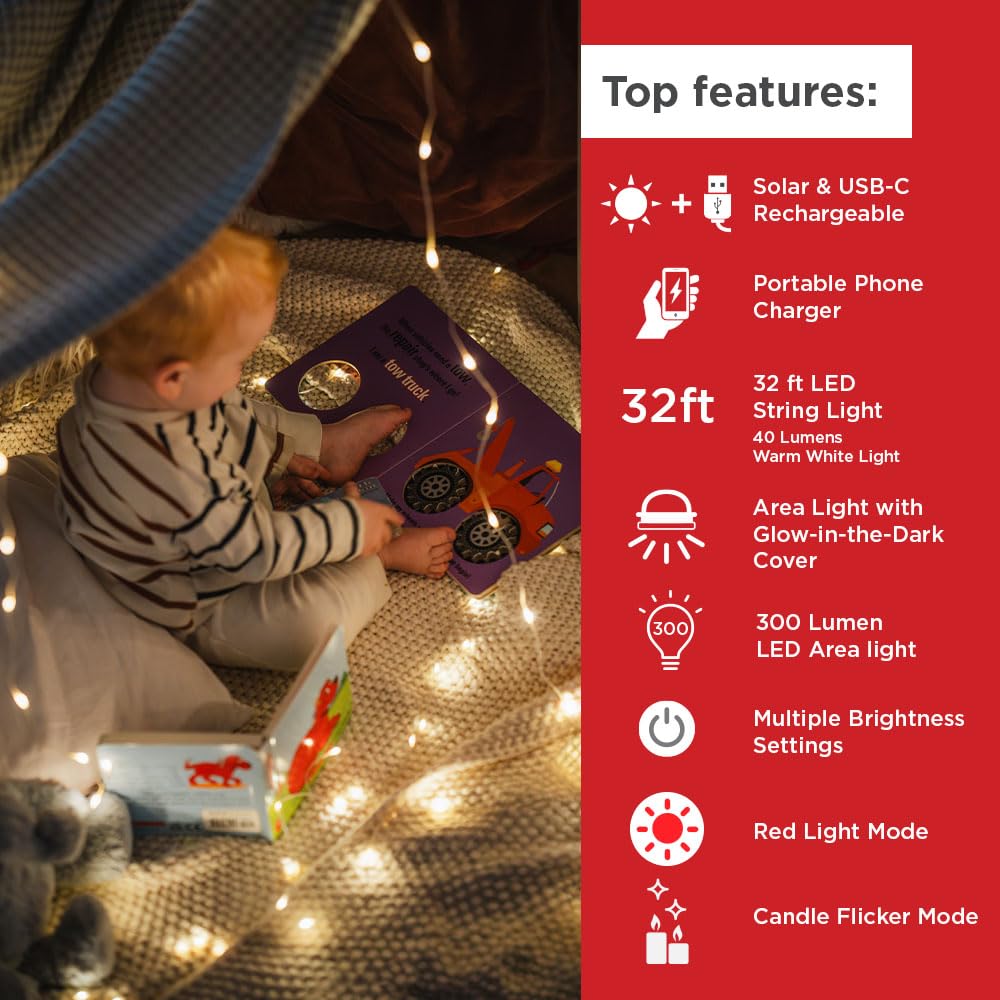 Luminaid Solar String Light With Phone Charger - Tent Lights For Camping - 32 Ft Sting Lights Perfect For Camping, Backyard, Patio, Rvs, Power Outages (1 Pack)