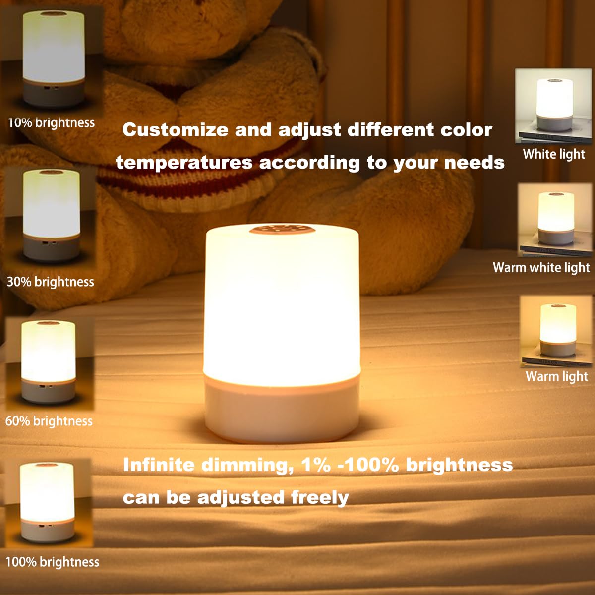 JININQ Touch Bedside Table Lamp - Dimmable LED Night Light, USB Rechargeable, 3 Colors, Soft Eye Caring, White, Model 001