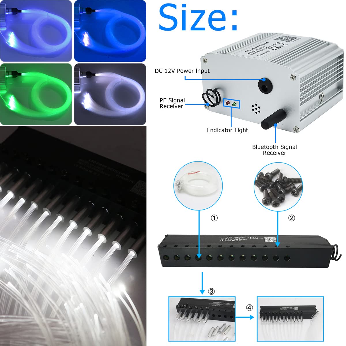 Azimom 10W Rgbw Twinkle 550Pcs 0.03In 13.1Ft Fiber Optic Starlight Lights+Pure White Meteor Shooting Star Sound Activated End Gl