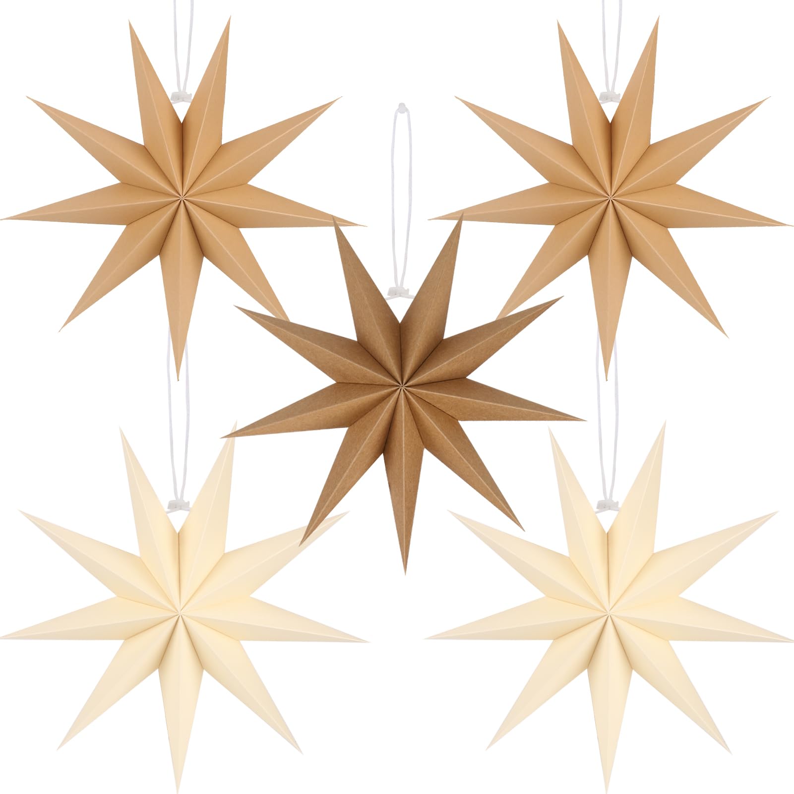 BestoFun 12 Inches 5 PCS Natural Paper Star Lanterns Christmas Party Decorations Hanging Stars Christmas Party Decorations Wedding Birthday Christmas Home Party Decorations(9 Pointed)