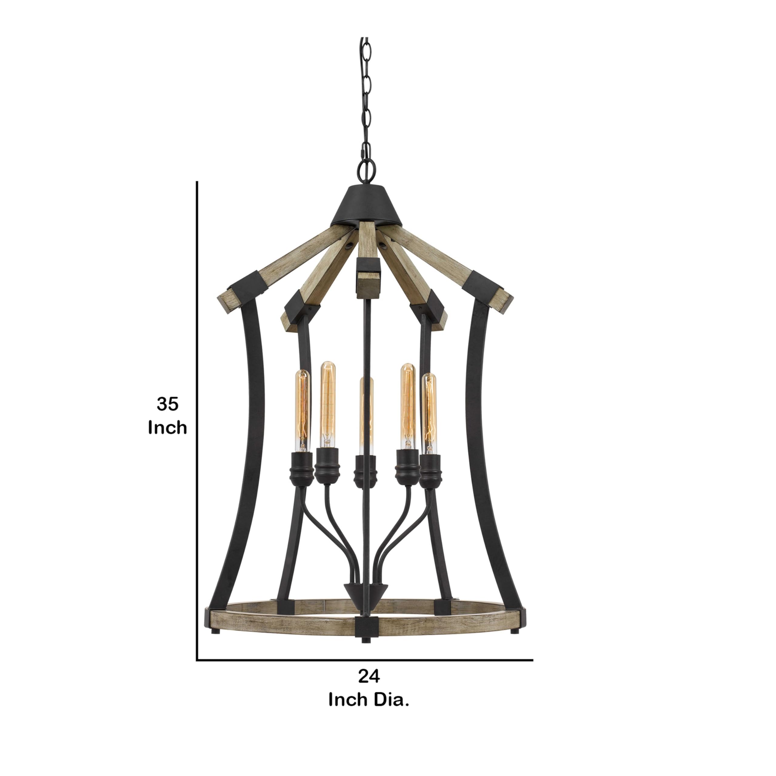 Benjara 5 Bulb Pendant Fixture With Wooden And Metal Frame, Brown And Black