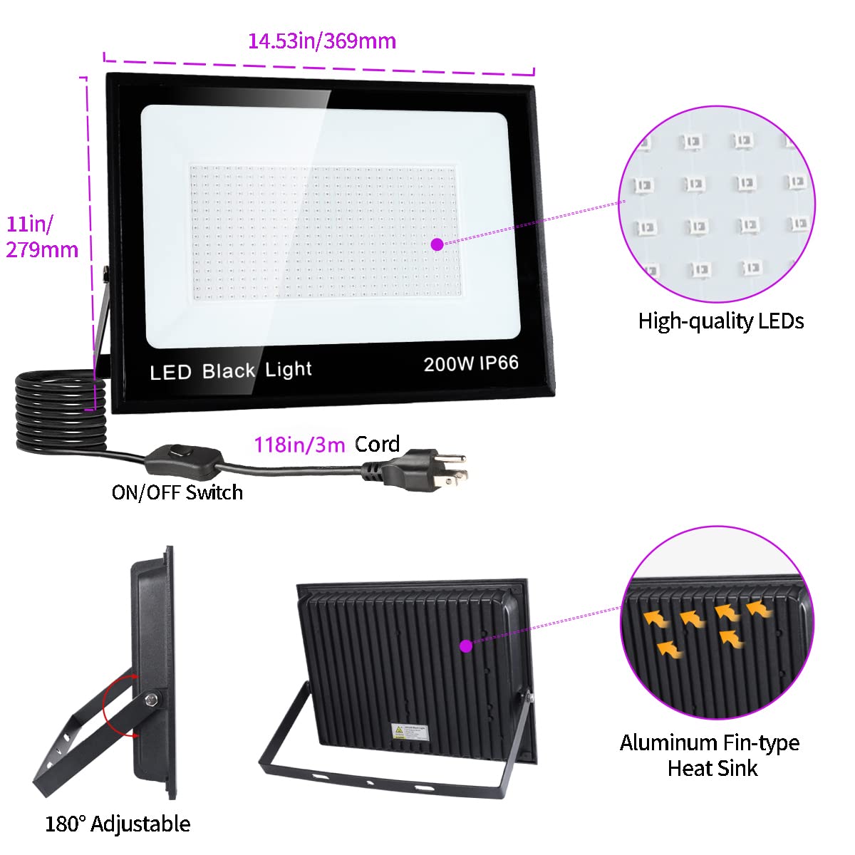 YAYIT 200W Blacklight Flood Light - IP66 Waterproof, Aluminum, 10ft Cord, 4 Pack, Perfect for Parties, Halloween, Stage, Gym